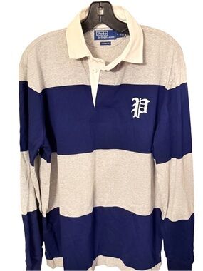 Polo Ralph Lauren Men’s RARE VTG Rugby Shirt Big P Logo  Navy & Gray Stripe Sz M